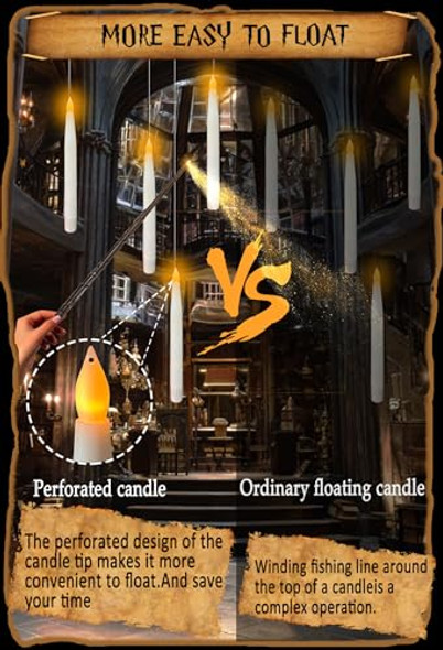 Qaeshi Floating Candles With Wand 18Pcs Hanging Candles Halloween Warm Led Flickering Flameless Taper Candle With Remote 6.7In Battery Operated Magic Candle For Home Party Halloween Decorations