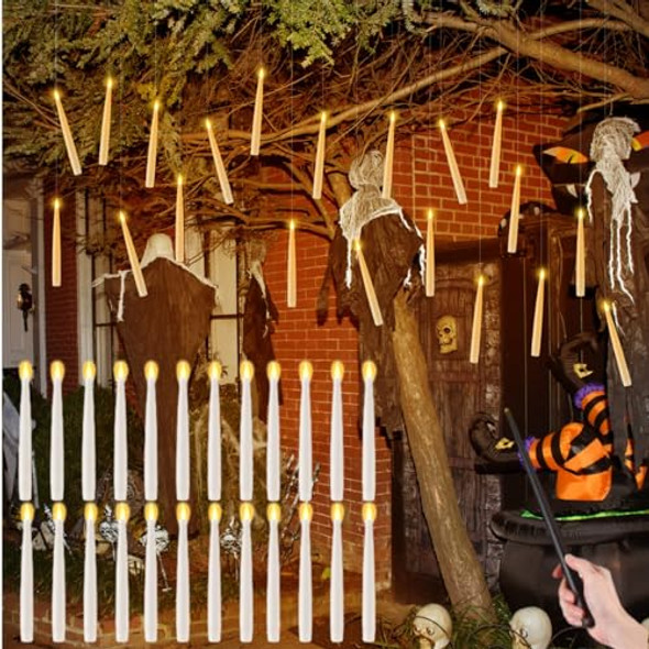 Retisee 40 Pcs Flameless Candles With Wand Halloween Decorations Floating Candles Remote Battery Operated Led Electric Window Candle Warm Light Flickering Decor For Halloween Party