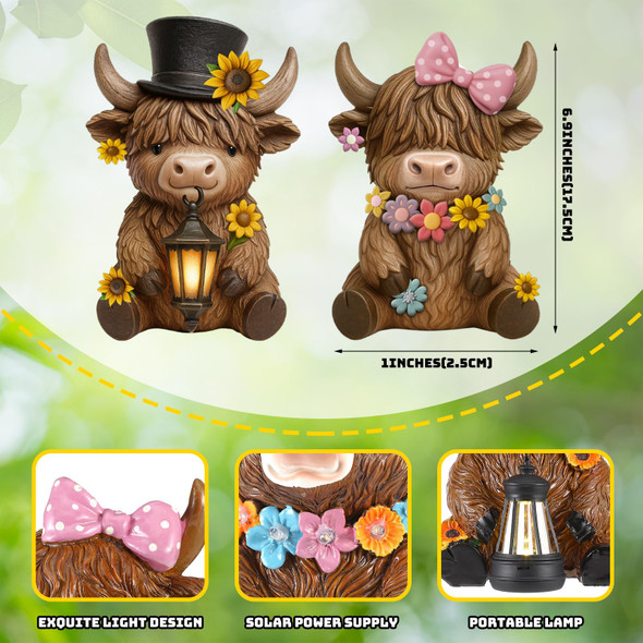 Retisee 2 Pcs Solar Highland Cow Garden Statues Resin Garden Highland Cow Statues With Flower Led Lights Outdoor Funny Solar Light Figurines Decoration For Yard Patio Lawn S For Grandma Mom Women