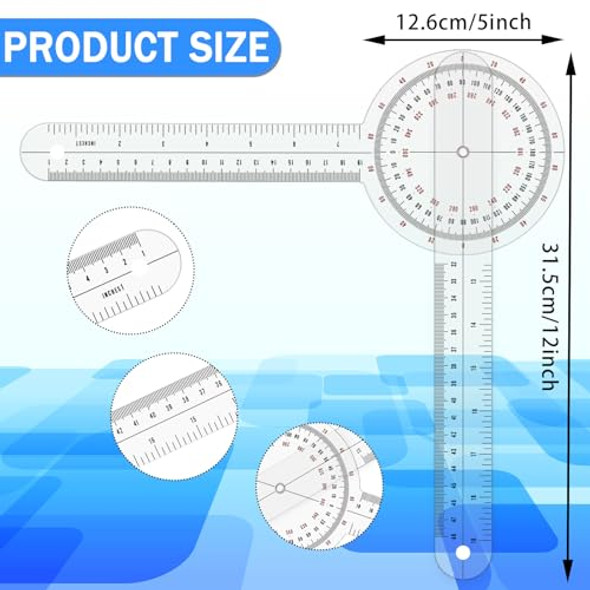 Rimoev Goniometer 12 Inch Transparent Orthopedic Angle Ruler 360 Degree Clear Protractor Physical Therapy For Body Measuring Tape Goniometer Protractor Ruler