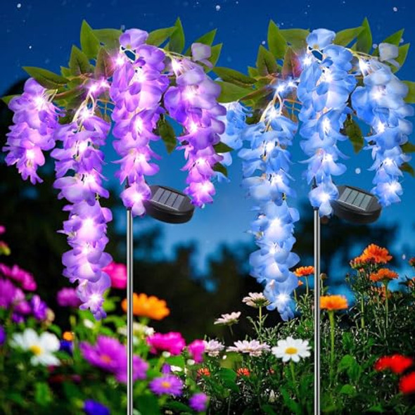 Rirool 2 Pack Solar Wisteria Flower Lights Waterproof Solar Lights Outdoor For Garden Patio Yard Decoration Blue And Purple