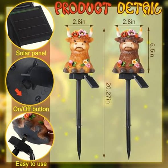 Rossesay 2 Pack Highland Cow Solar Lights Outdoor Garden Gnome Statues Resin Lamp Decor Waterproof Stake Lights Highland Cow S For Yard Patio Lawn Decor