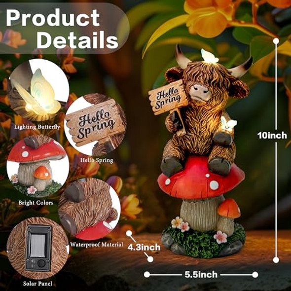 Smadeer Highland Cow Garden Statue With Solar Butterfly Lights Spring Outdoor Highland Cow On Mushroom Butterfly Decoration For Yard Patio Lawn Cows Figurine Housewarming  For Women Mom