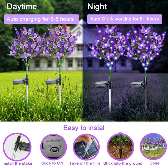 Smilingtown Solar Garden Flower Lights Artificial Lavender Outdoor Lights With Butterflies Waterproof For Yard Patio Lawn Pathway Landscape Decoration (Purple Lights)