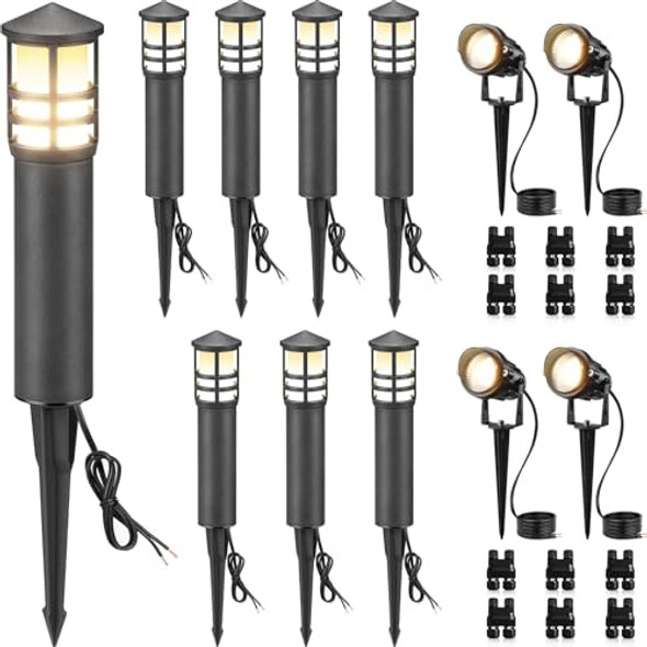 Sunvie 12-Pack Low Voltage Landscape Lighting Kit Led Bollard Pathway Lights Wired With Spotlights For Garden Path Yard Patio Cast-Aluminum Ip65 Waterproof 12-24V Ac/Dc 3000K Warm White Black