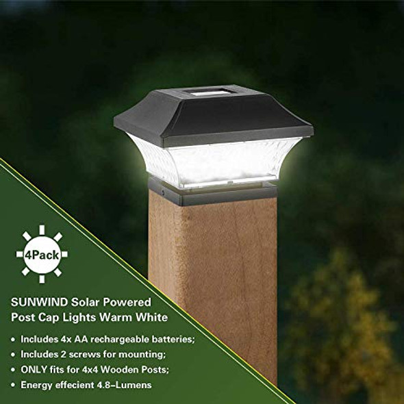 Sunwind Solar Post Cap Lights Outdoor - 4 Pack Led Fence Lights For 4X4 & 5X5 Wooden Posts Warm White Waterproof For Deck Patio Or Garden Decoration (Black)