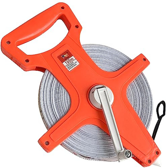 Sutekus Tape Measure 1/2" Open Reel Measure Tape Dual Sided Fiberglass Measuring Reel With Feet And Meters For Yard Field Engineer (100Ft)