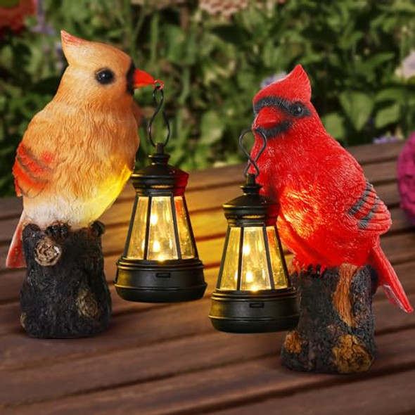 Suzile 2 Pcs Cardinal Couple Garden Statue With Solar Lantern 6.3" Male And Female Cardinal Birds Solar Light For Outside Cardinal Garden Sculptures & Statues Lights For Lawn Decor Ornament