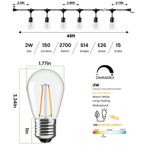 Svater 96 Ft Outdoor String Lights 2W Patio Light For Outside With 32 Antique S14 Plastic Led Bulbs Ip65 Waterproof Hanging Cafe Market Lighting Etl-Listed Dimmable Warm White 2700K (48 Ft X 2)