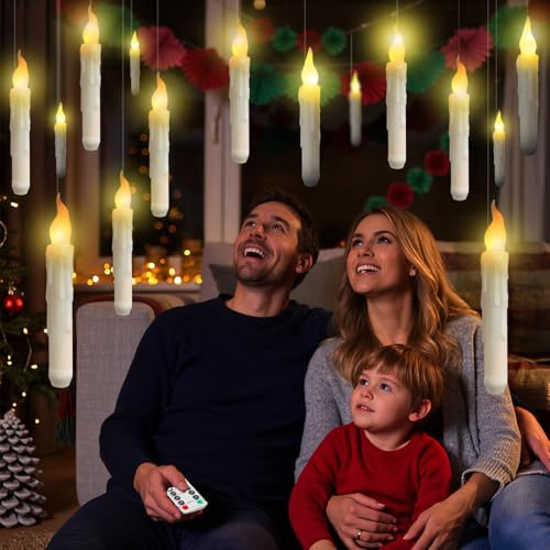 Sweetime Floating Candles With Magic Wand Remote - 12 Pack Black Battery Operated Flickering Hanging Flameless Led Candle Lightsrealistic Taper Candles With String For Halloweenchristmaswindowsceiling