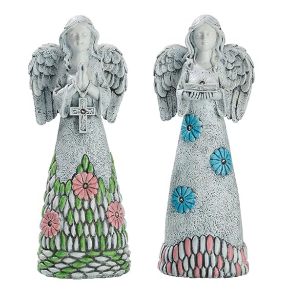 Teresa'S Collections Angel Garden Statues With Solar Outdoor Light For Garden Decor 2 Pack Resin Angel Grave Cemetery Decorations For Outdoor Decor Memorial Angel Yard Decor S For Mom 11”