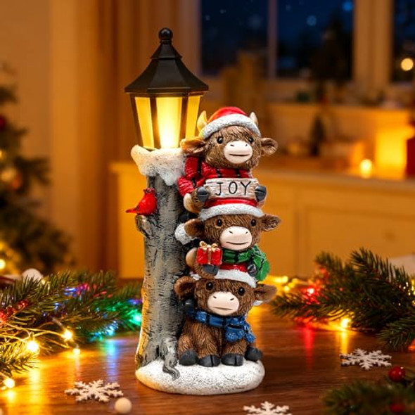 Tfro & Cile Tfro & Cile Christmas Highland Cow Statue Xmas Indoor Decoration Tabletop Home Figurine Battery Powered Led Light For Festival Party