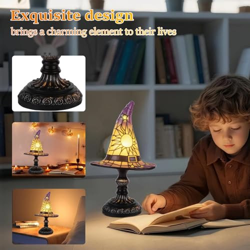 Tfrukiet Vintage Gothic Witch Hat Night Light – Small Stained Glass Led Lamp Spooky Halloween Decor Indoor & Outdoor Witchcraft  Unique Halloween Party Decorations Lighting Halloween Witch Hat Lamp