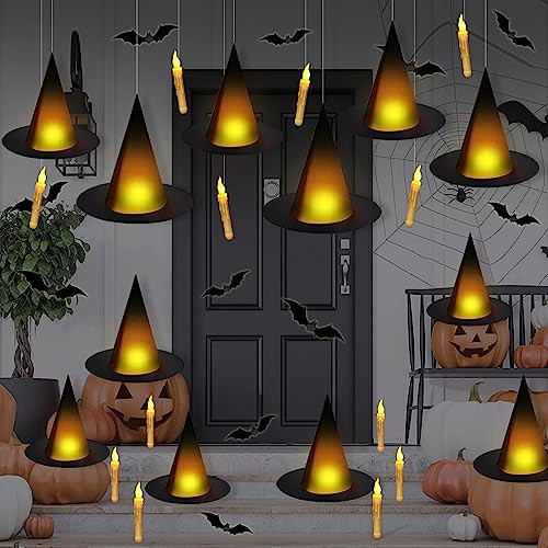 Trewave Black Halloween Witch Hat With Light Floating Light Up Witch Hats With Flameless Taper Candles (With Common Remote) 3D Bats Wall Stickers Decorations Witch Costume Accessory For Halloween Party