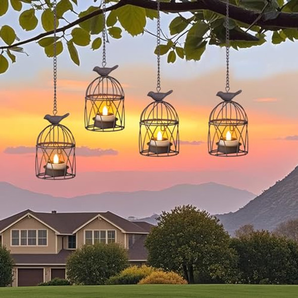 Twinkvilla Solar Lanterns Outdoor Waterproof Rust Iron Cage Candle Holder With Flickering Solar Powered Tea Lights Hanging Solar Lights For Outside Tree Backyard Patio Garden Fence Decoration-4Pack
