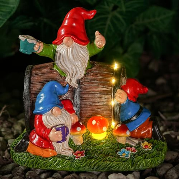 Uniqus Tolimi Whimsical Garden Gnome Statue With Solar Light Mushrooms And Barrel Funny Resin Drwafs Outdoor Decoration For Yard Patio Or Home Ornament