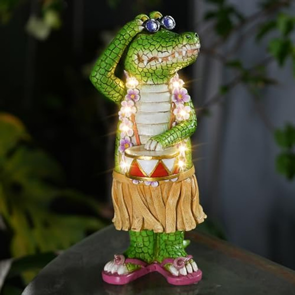 Uniqus Tolimi Hawaiian Alligator Garden Statue With Led Floral Garland - Fun Tropical Outdoor Decor Resin Crocodile Figurine In Hula Skirt For Yard Patio Or Home