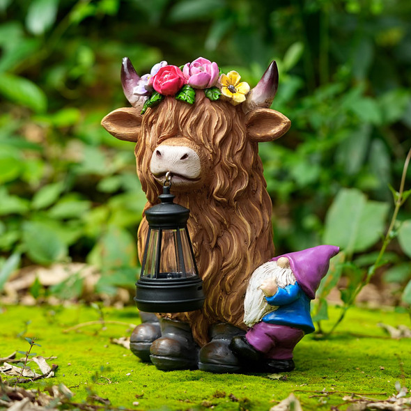 Uniqus Tolimi Garden Lantern Statues Resin Highland Cow With Gnome Outdoor Solar Light Decor Funny Decorations For Yard And Patio S