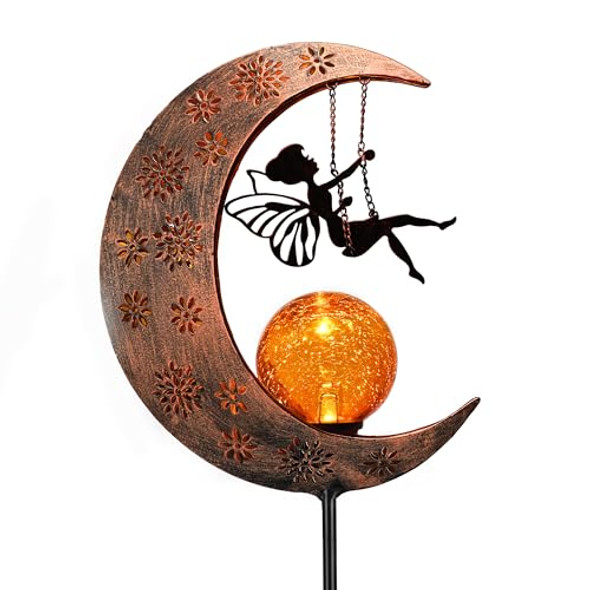 Valery Madelyn Teresa'S Collections Solar Lights Outdoor For Garden Decor 39" Metal Moon Fairy Pathway Light Garden Statues With Crackle Glass For Patio Decorlawn Ornaments Yard Art For Outside  For Christmas