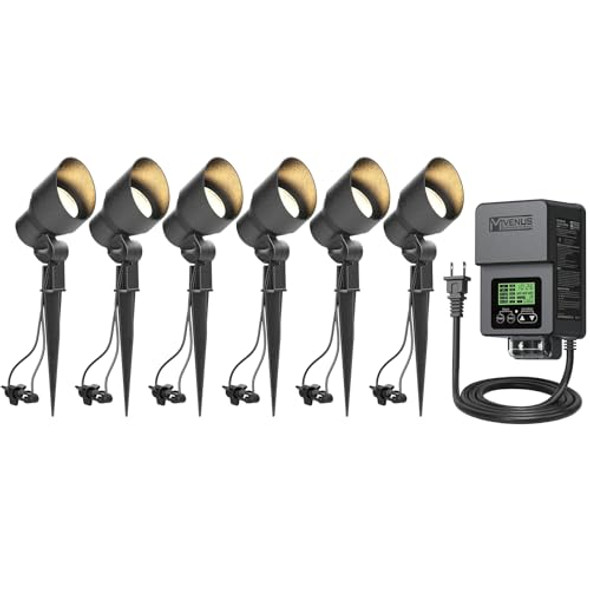 Venus Manufacturing 12V Landscape Lights Kits With 60W Outdoor Landscape Transformers Timer And Photo Sensor & 6 Pack Black 3Watt Led 200 Lumen Landscape Spotlight 3000K Warm White Tree Flood Lights