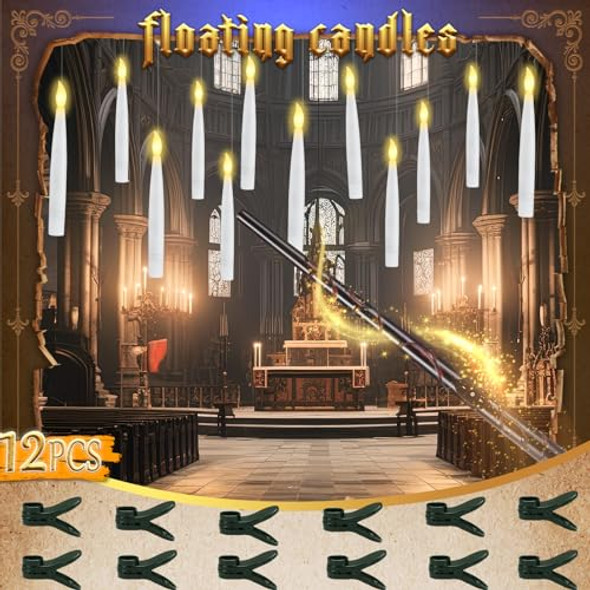 Veuieizt Halloween Decorations - Floating Candles With Wand & 6-Hour Timer - Flameless Led Hanging Candles With Clip Battery Operated Window Taper Candle For Indoor/Outdoor Halloween & Holiday Decor 12Pcs