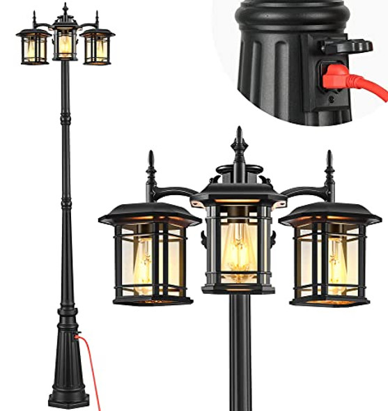 Vianis Outdoor Lamp Post Light - Triple-Head Dusk To Dawn Waterproof Street Light - Black Pole For Outside Anti-Rust Aluminum - Led Lantern For Backyard Driveway Garden Patio Décor.