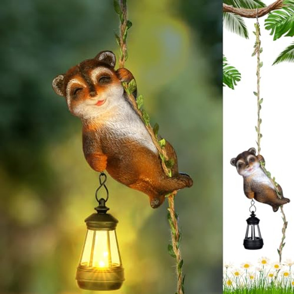 Vihose Solar Garden Decor Raccoon Statue Light Outdoor With Hooks 6'' H Resin Raccoon Climbing On 31'' Vine Waterproof Hanging Figurine Decor For Balcony Garden Yard Wall Tree Housewarming
