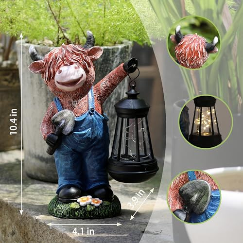 Wshmzyhome Highland Cow Garden Statue 10.4" With Solar Lantern， Decorative Farm Animal Figurine For Indoor Outdoor Home Patio Yard Lawn Ornament And  For Mom