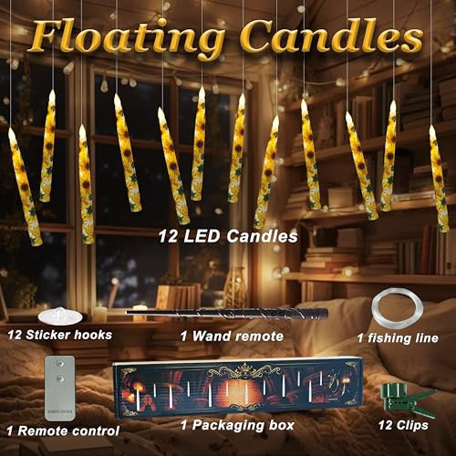 Xinaobaoluo Floating Candles With Wand Remote Timer 12Pcs Floral Flameless Taper Candle Sunflower Led Magic Hanging Candlestick Battery Operated Floating Candles With Flowers For Home Wedding Garden Party Decor