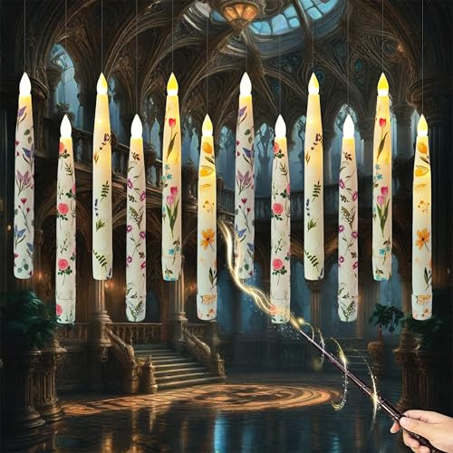 Xinaobaoluo Floating Candles With Wand Remote Timer 12Pcs Floral Flameless Taper Candle Led Magic Hanging Candlestick Battery Operated Floating Candles With Flowers For Dinner Home Wedding Garden Party Decor
