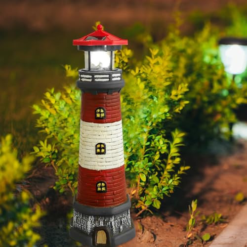 Yardwe Yardwe Solar Lighthouse Statue Outdoor Garden Decor Resin Waterproof Lawn Ornament With Led Light Solar Powered Landscape Lamp For Yard Patio Porch 14.76 Inch Red