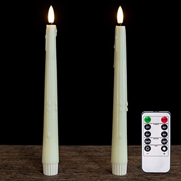 Yongmao Real Wax Flameless Taper Led Candles With Remote 9.6 Inch 3D Wick Flickering Battery Operated Wax Drip Set Of 2 For Christmas Home Wedding Decor (Ivory)