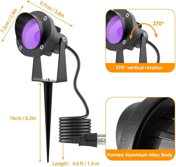 Yoosuml Black Light Outdoor Black Spotlights Blacklights Ac 110V Ip65 Waterproof Metal Case 12W With Spiked Stand For Glow Party Fluorescent Wall Painting Halloween Pack Of 2
