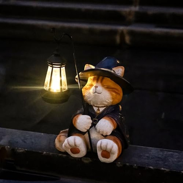 Yoquate Decorative Solar Wizard Cat Lantern Garden Statue Outdoor Figurine Light With Black Metal Lamp Post For Garden Decoration Outdoor Decor