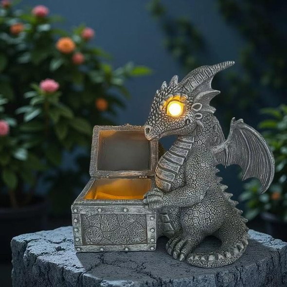 Yzyoe Led Solar Powered Dragons Opening Treasures Box Light Outdoor Atmosphere Decoration Lamp Cute Resin Dragon Garden Landscape Lights.