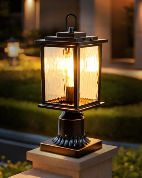Zillsea Dusk To Dawn Outdoor Post Light Oil-Rubbed Bronze Pole Lantern With Pier Mount Base 16'' Hardwired Lamp Post Light Fixture Water Ripple Glass Waterproof And Rustproof Bulb Not Included