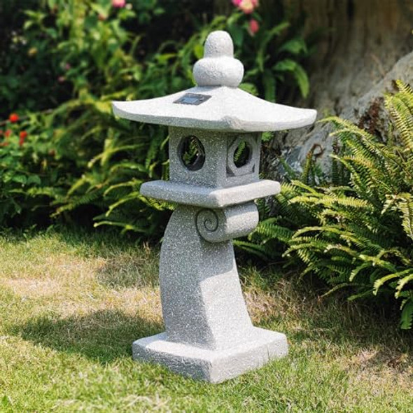Zoejade 28" H Large Solar Zen Asian Pagoda Lantern Garden Outdoor Statue Japanese Palace Lantern With Solar Light For Lawn Yard Pond Patio Temple Court Decor Meditator Stylite Garden Figurines