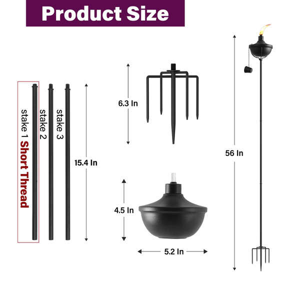 Zspeng Home Garden Torch Set Of 6 Outdoor Metal Torches With 5-Prong Grounded Stake 56-Inch Adjustable Citronella Torch 23.5 Oz Metal Light Torches For Patio Pathway Party (Ultra-Stable Design)