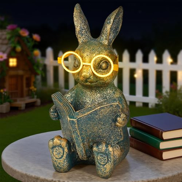 Zuzuzen Solar Garden Decor Adorable Rabbit Statue With Solar-Powered Glasses Outdoor Bunny Figurine Lights For Patio Yard & Balcony For Kids Mom & Grandma