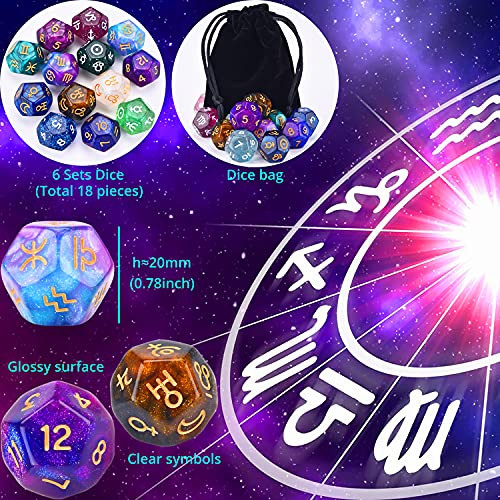 Amiven 6 Sets Astrology Dice Signs Planets Numbers 12-Sided Dice Divination Tool