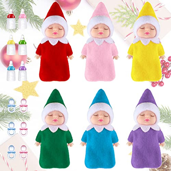Aoriher 18 Pieces Tiny Doll Twins Set 6 Christmas Dolls 6 Milk Bottles and 6 Doll Pacifiers Mini Dolls Colorful Plush Cute Dolls for Christmas Year Holiday Decoration(Classic Style)
