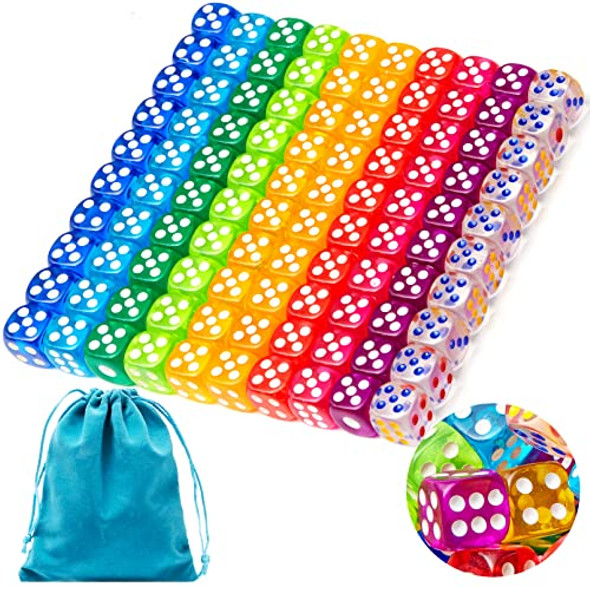 Aosmeol 100-Piece Acrylic Dice Set - 12mm 6-Sided Translucent Colors Velvet Pouch 10 Colors for Board Games & Classroom Math