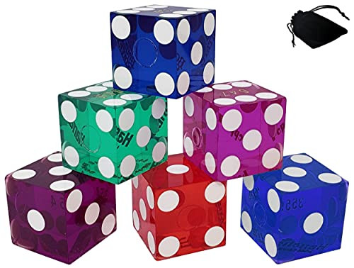 Artist Bulk Lot of 6 Polished Dice from Las Vegas Casinos Assorted Colors Blue Green Purple Red. Perfect for Poker Farkle Yahtzee Dice Staking Bunco 5- or 6-Dice Games. Set Includes Storage Pouch.