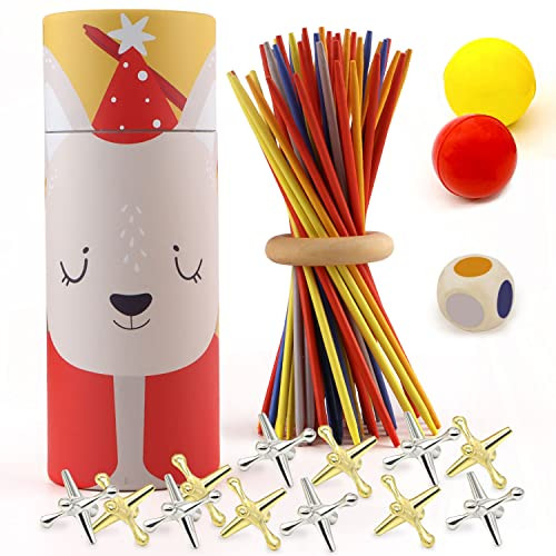 ATOSHP Jacks Game and Pick Up Sticks 12 Metal Jax and 60Pcs Wooden Sticks with Storage Box