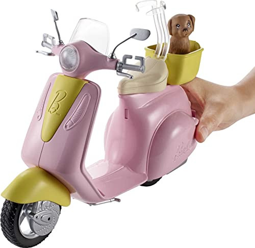 Barbie Toy Scooter with Puppy & Helmet Accessory Pink & Yellow Moped with Basket Kickstand & Seat Clip for Doll
