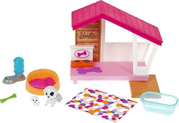 Barbie Mini Playset with 2 Pet Puppies Doghouse and Pet Accessories for 3 to 7 Year Olds