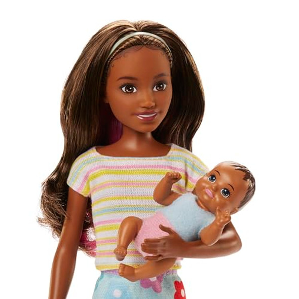 Barbie Dolls and Accessories Skipper Doll (Two-Tone Hair) with Baby Figure and 5 Accessories Babysitters Inc. Playset