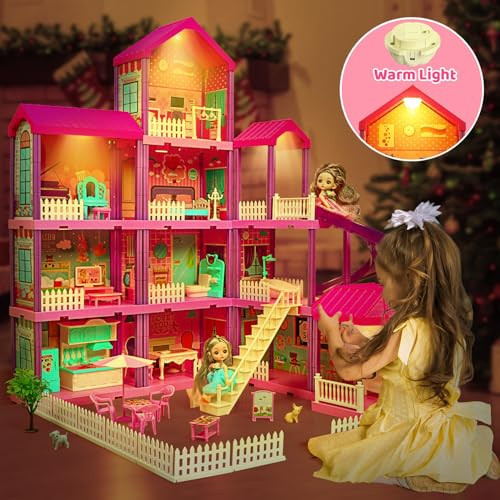 beefunni Doll House Dream Dollhouse for GirlsDoll Houses 4-5 7-8 Year Old with 4 Stories -11 Rooms 2 Dolls and Furniture Princess Dollhouse Christmas Toy s for 3 4 5 6 7 8+ Year Old Girls