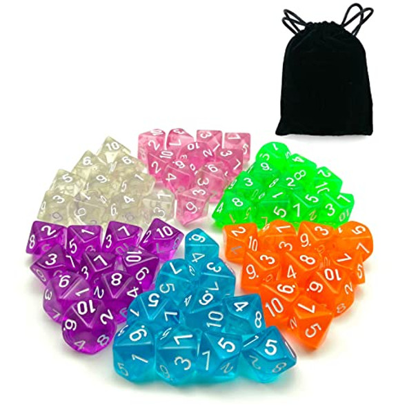 BESCON DICE 60pcs Assorted Colored Translucent D10 (1-10) Pack 6X10pcs 10 Sides Dice Transparent Polyhedral Dice D10 Set in Black Velvet Pouch
