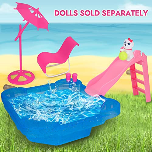 BETTINA Pool Playset - Glam Pool with Slide Doll Pool Accessories Includes Beach Chair Beach Umbrella Dog Swimming Pool Set for 12 Inch Dolls Bath Toys for Dolls